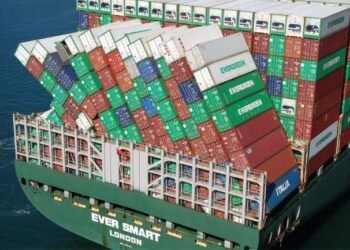 Collapsed containers on container ship Ever Smart