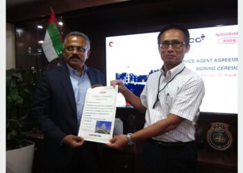 John Thomas, Chief Operating Officer, Nico International, and Masayoshi Aoki, Chief Operating Officer for Nishishiba Marine business, celebrate the agreement