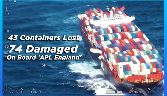 Video: 43 Containers Lost, 74 Damaged On Container Ship ‘APL England’ Due To Rough Weather Video: 43 Containers Lost, 74 Damaged On Container Ship ‘APL England’ Due To Rough Weather