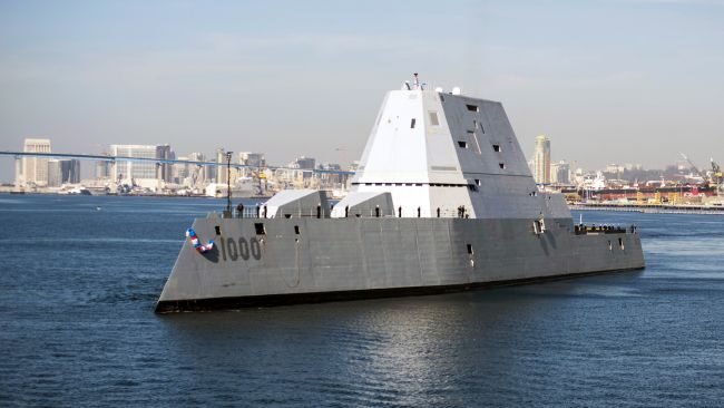 Official U.S. Navy file photo of the guided-missile destroyer USS Zumwalt (DDG 1000) arriving at its new homeport in San Diego.