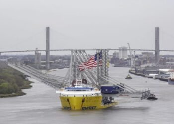Three Neo-Panamax cranes arrive at the Port of Savannah aboard the BigLift Barentsz on Tuesday, March 10, 2020. When fully assembled, the cranes will stand 295 tall, with booms reaching 22 containers across. (Georgia Ports Authority/Emily Goldman)