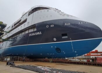 Launching-of-the-Sylvia-Earle-expedition-cruise-vessel-of-the-ULSTEIN-CX103-design