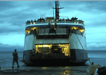MV Lomaiviti Princess III loads at dusk