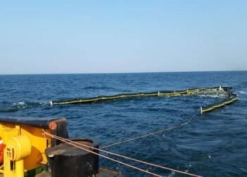 An oil spill response drill in the Baltic Sea. Every year the nine countries with Baltic coastlines participate in the drill, learning to cooperate among vessels to clean up a “spill.”