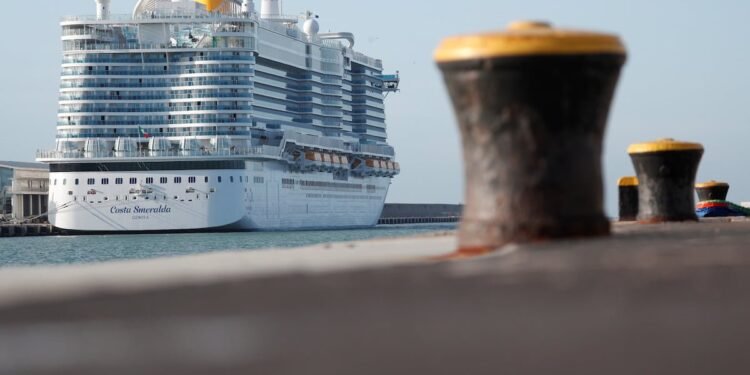 The Costa Smeralda cruise ship is docked at the Italian port of Civitavecchia