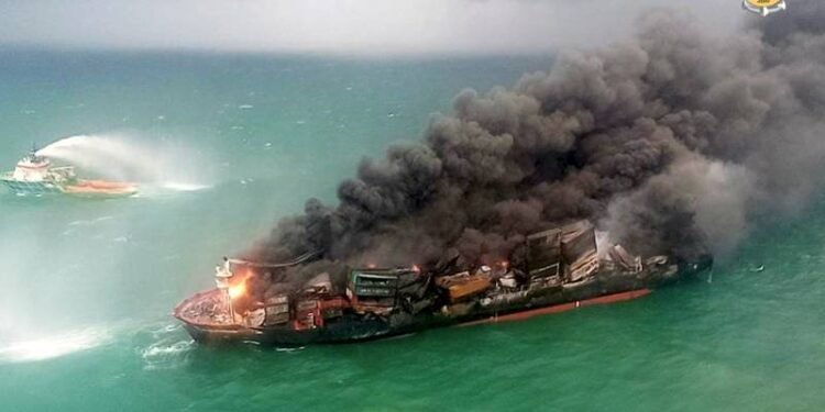 Fire- struck Cargo Ship Loaded with Chemicals Sinks Off Sri Lanka Fire-hit Cargo Ship Loaded with Chemicals Sinks Off Sri Lanka