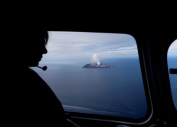 An aerial view of the Whakaari, also known as White Island volcano, in New Zealand
