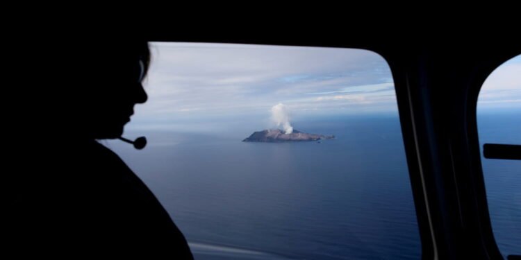 An aerial view of the Whakaari, also known as White Island volcano, in New Zealand