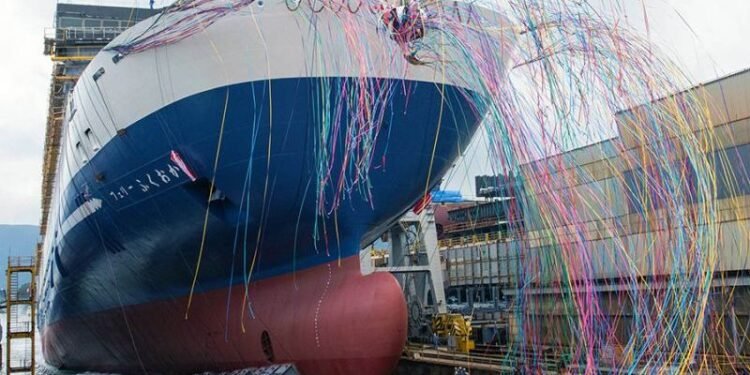 Mitsubishi Shipbuilding Holds Christening And Launch Ceremony For Second Of 2 Large Ferries