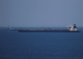 Oil supertanker Grace 1 sits anchored in waters of the British overseas territory of Gibraltar