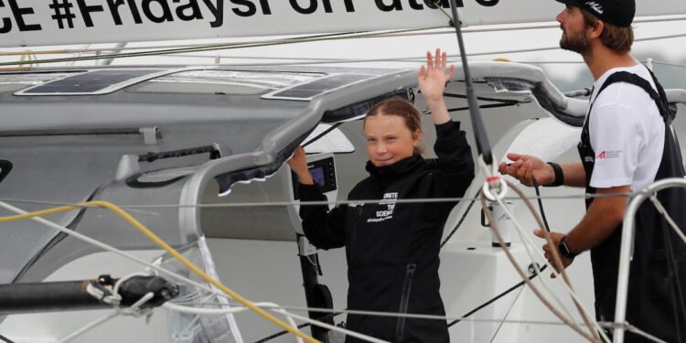 Swedish 16-year-old activist Greta Thunberg sails underneath the Verrazano-Narrows Bridge on the Malizia II racing yacht in New York Harbor
