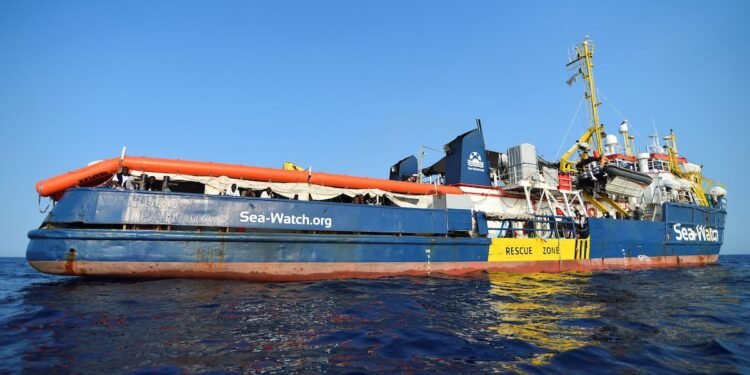 Sea-Watch 3 rescue ship is pictured as it remains blocked one mile outside the port of Lampedusa