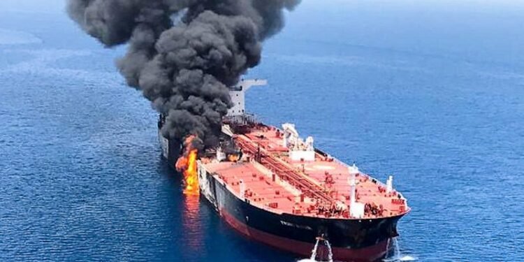 front altair oil tanker is seen after it was attacked at the Gulf of Oman