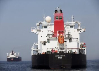 A damaged Andrea Victory ship is seen off the Port of Fujairah