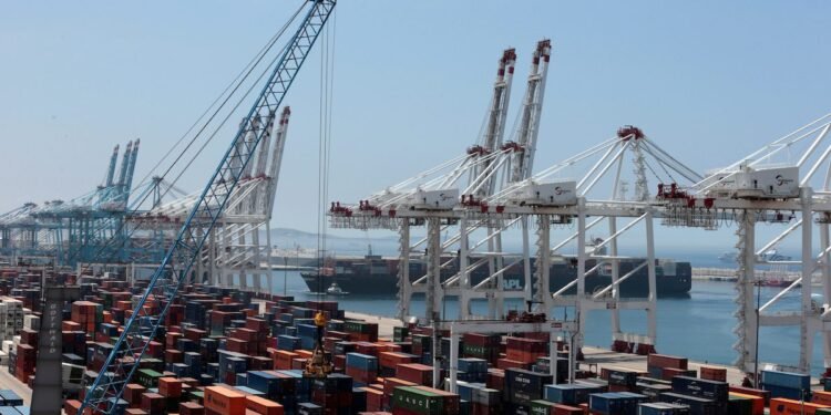 General view of Tanger-Med container port in Ksar Sghir near the coastal city of Tangier