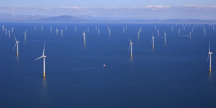 FILE PHOTO: General view of the Walney Extension offshore wind farm operated by Orsted off the coast of Blackpool