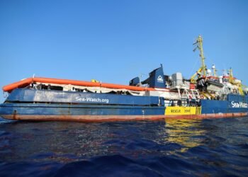 Sea-Watch 3 rescue ship is pictured as it remains blocked one mile outside the port of Lampedusa