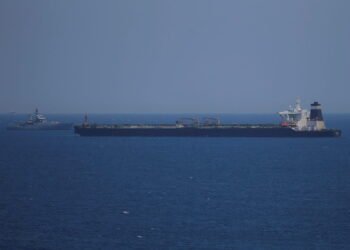 Oil supertanker Grace 1 sits anchored in waters of the British overseas territory of Gibraltar