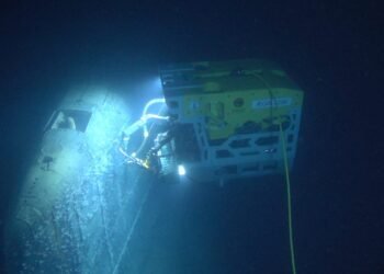 Remotely operated vehicle called Aegir 6000 examines the wreck of the Soviet nuclear submarine "Komsomolets", southwest of Bear Island