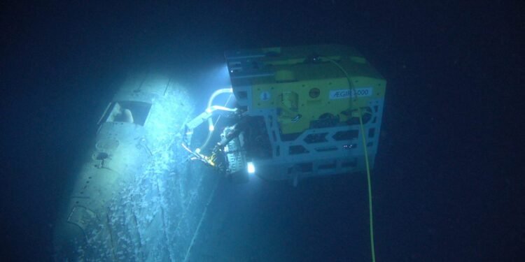 Remotely operated vehicle called Aegir 6000 examines the wreck of the Soviet nuclear submarine "Komsomolets", southwest of Bear Island