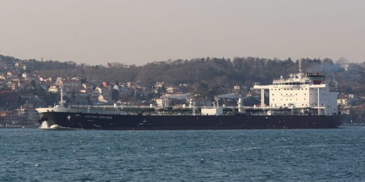 Oil tanker British Heritage sails in the Bosphorus, on its way to the Black Sea, in Istanbul