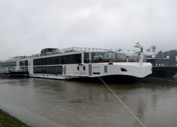General view shows the tourist vessel Viking Sigyn which was involved in a ship accident that killed several people on the Danube river in Budapest