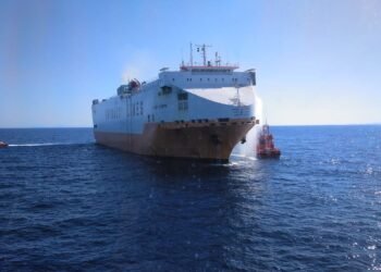 Grande Europa pictured May 15, 2019 in the Mediterranean Sea after fires broke out in two of the vehicle decks
