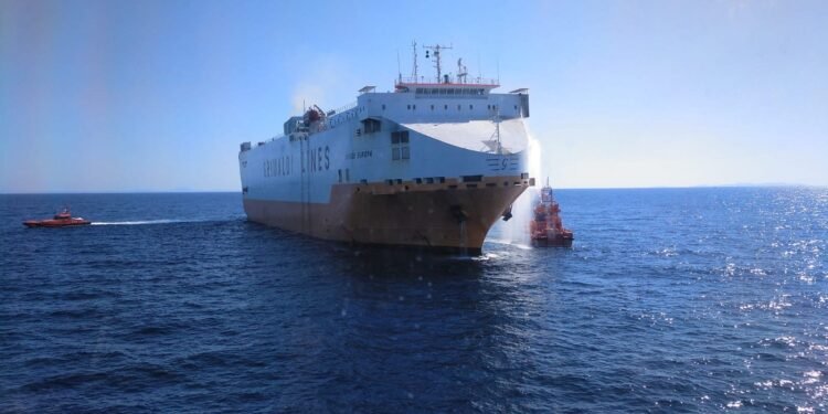 Vehicle Carrier Grande Europa Hit By Fire in Mediterranean Grande Europa pictured May 15, 2019 in the Mediterranean Sea after fires broke out in two of the vehicle decks