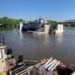 Handout photo of the Peoria Lock and Dam is shown surrounded by flood waters of the Mississippi River in Peoria, Illinois