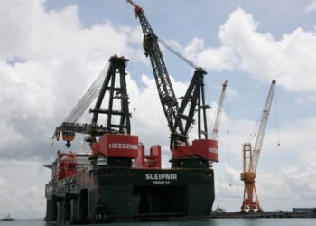 Heerema Marine Contractors' Sleipnir, the world's largest semi-submersible crane vessel, sits in the Sembcorp Marine shipyard in Singapore