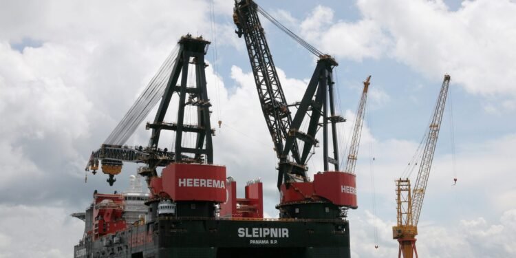 Heerema Marine Contractors' Sleipnir, the world's largest semi-submersible crane vessel, sits in the Sembcorp Marine shipyard in Singapore
