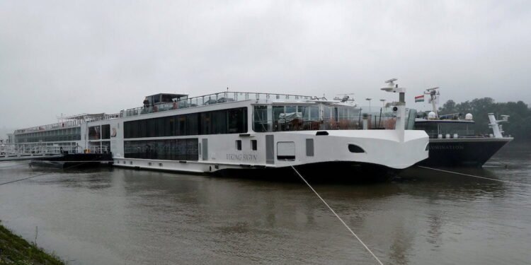 General view shows the tourist vessel Viking Sigyn which was involved in a ship accident that killed several people on the Danube river in Budapest