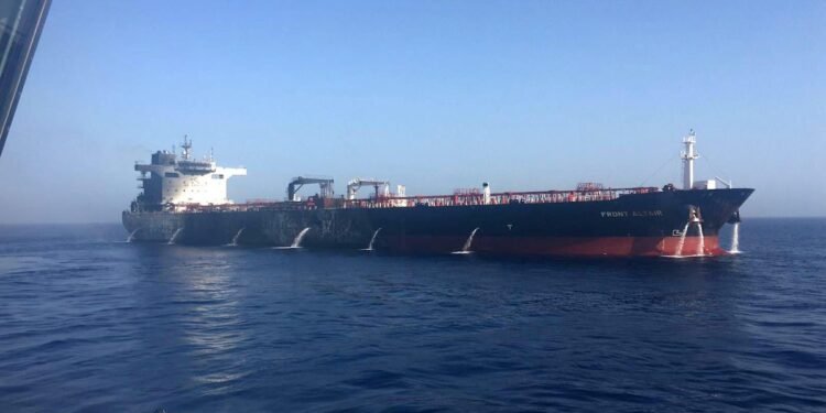 A handout photo made available by the Norwegian shipowner Frontline of the crude oil tanker Front Altair after the fire onboard the ship in the Gulf of Oman