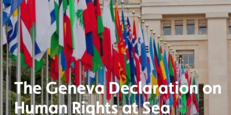 Geneva Declaration on Human Rights at Sea poster with flags of nations