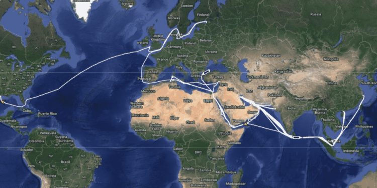 world map with searoute mentioned from russia
