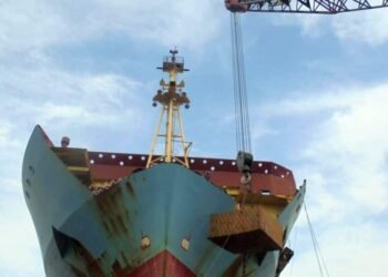 ship being recycled at shipbreaking yard