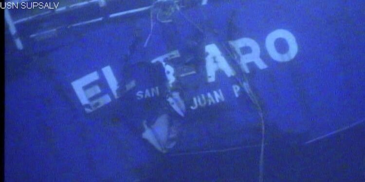 stern of the El Faro as seen from underwater ROV