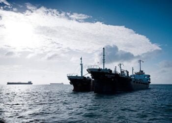 Ship-to-ship bunkering off Singapore.