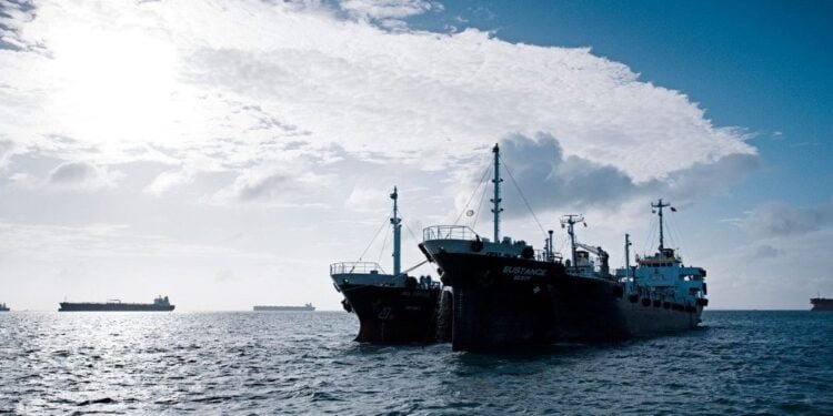 Ship-to-ship bunkering off Singapore.