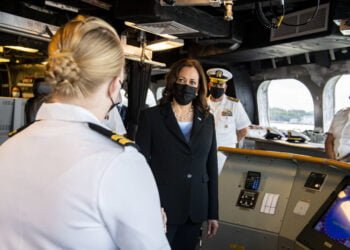 Vice President Harris aboard US Navy Warship's Bridge