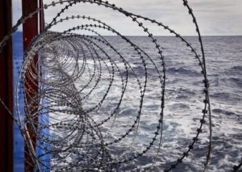 anti-piracy barbed wire on merchant vessel