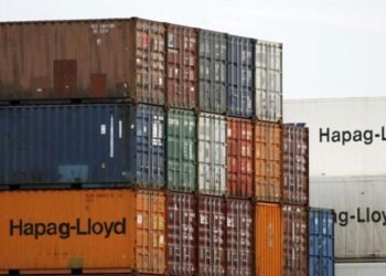 Shipping containers belonging to German transportation firm Hapag-Lloyd are seen stacked at a port in Singapore
