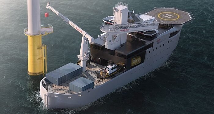 Gray vessel with Seaonics rane and gangway