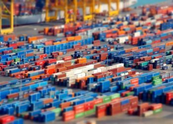 Shipping Containers stacked in the Port Of Barcelona, Spain.