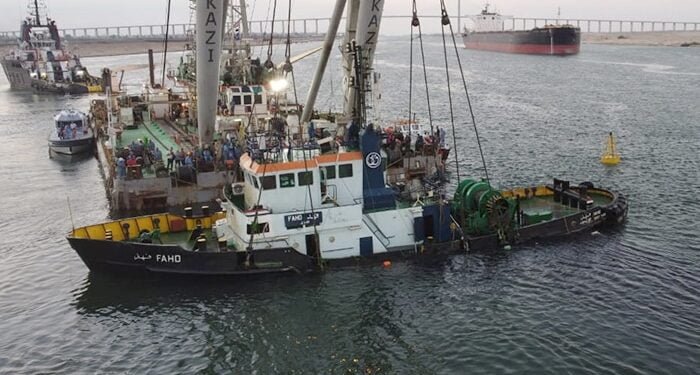 Sunken tugboat after being raised
