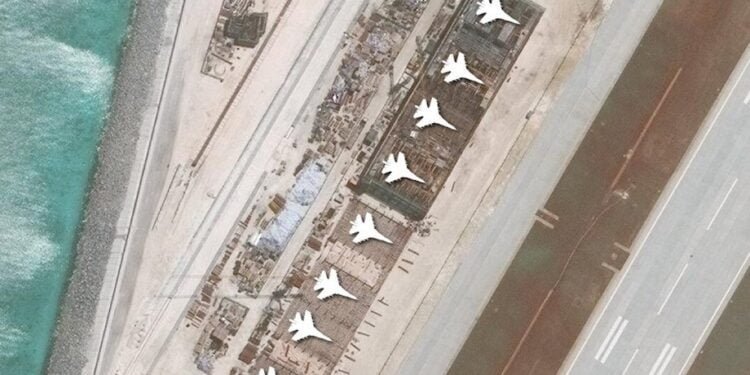 Aircraft hangars that, according to the Center for Strategic and International Studies (CSIS), have room for any fighter jet in the Chinese air force are seen on Mischief Reef in the Spratly islands, in the disputed South China Sea in this July 22, 2016 satellite image released by the Asian Maritime Transparency Initiative at CSIS to Reuters on August 9, 2016. Aircrafts added at source for illustrative purposes. CSIS Asia Maritime Transparency Initiative/DigitalGlobe/Handout via REUTERS ATTENTION EDITORS - THIS IMAGE WAS PROVIDED BY A THIRD PARTY. REUTERS IS UNABLE TO INDEPENDENTLY VERIFY THE AUTHENTICITY, CONTENT, LOCATION OR DATE OF THIS IMAGE. FOR EDITORIAL USE ONLY. NOT FOR SALE FOR MARKETING OR ADVERTISING CAMPAIGNS. NO COMMERCIAL OR BOOK SALES. MANDATORY CREDIT. NO RESALES. NO ARCHIVES. TPX IMAGES OF THE DAY