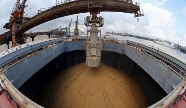 A Chinese ship is loaded with soybeans at Port of Santos