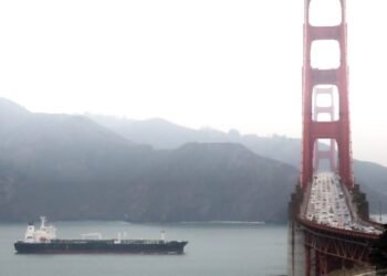 Oil Tanker Ship Passes Under San Francisco's Golden Gate Bridge