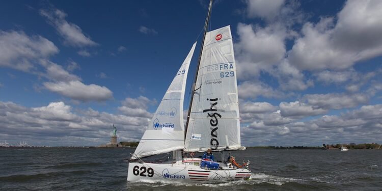 Olivieri Jehl in New York Harbor on board his 6.5 Mini. Credit: