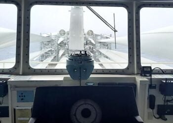 Photo showing navigation bridge visibility obscured by wind turbine component cargo